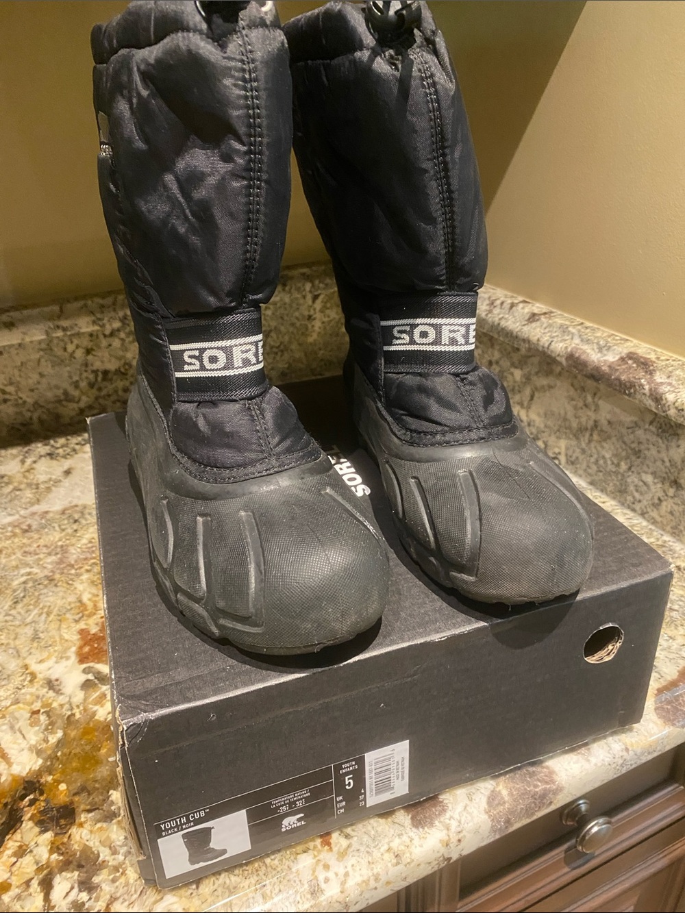 Sorel Black Kids Snow Boots with Pull-On Strap